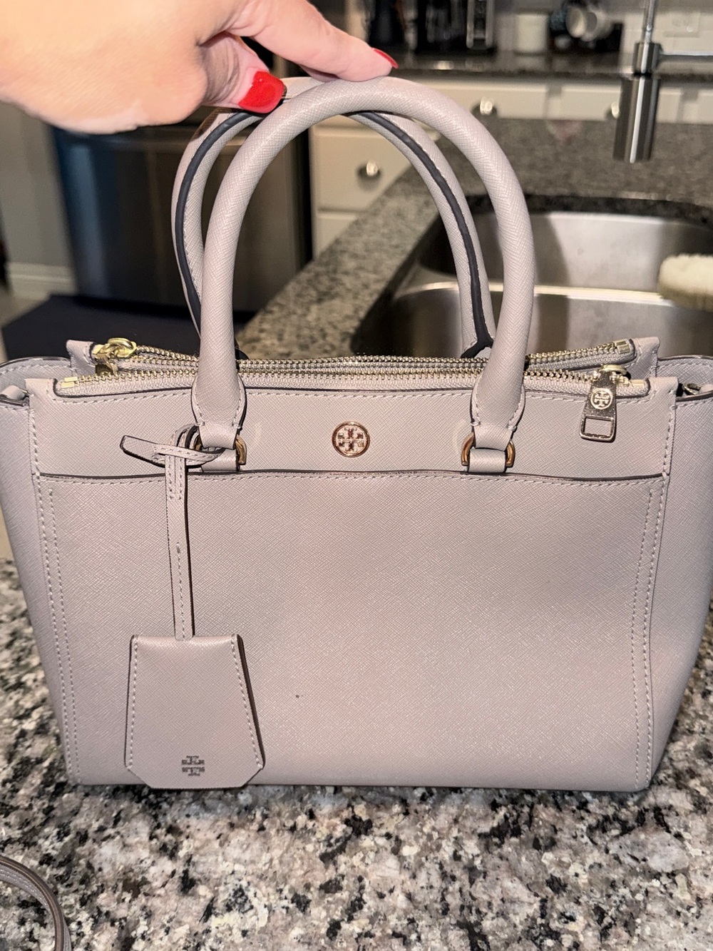 Tory Burch Saffiano Leather Satchel in Light Gray Taupe
